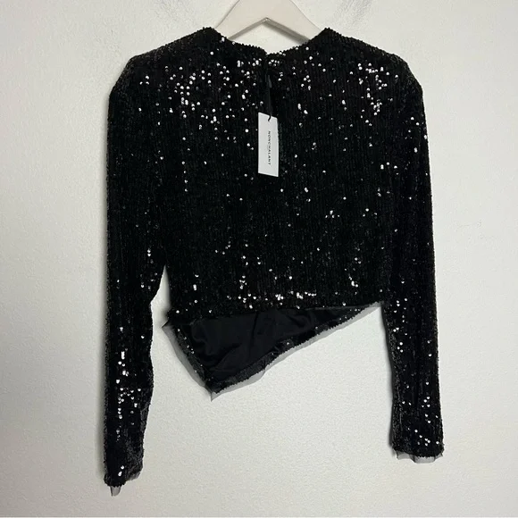 NWT NONchalant Vivi Black Sequin Asymmetrical Hem Long Sleeve Top Size XS - Picture 7 of 9
